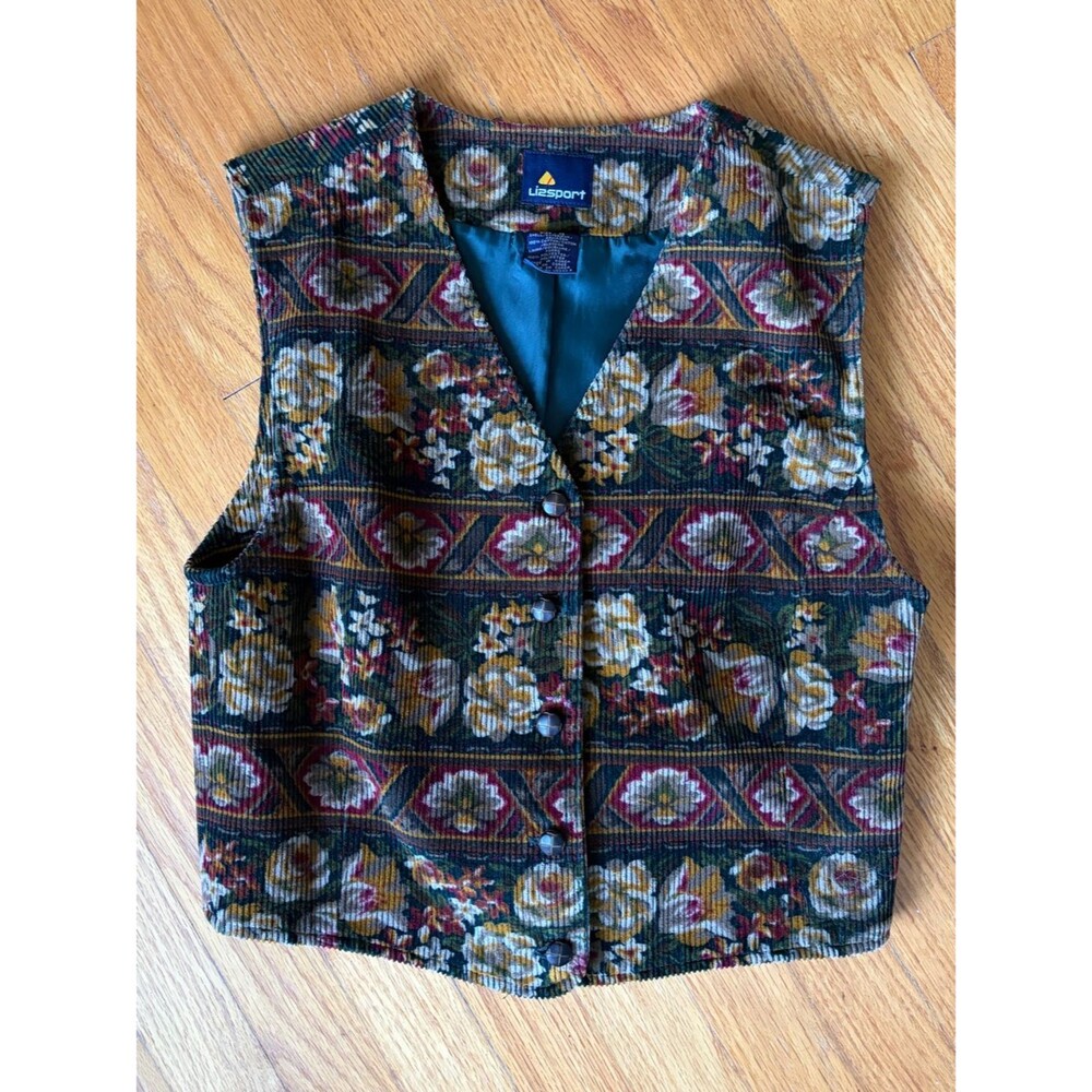 LizSport Vintage 90s Floral Tapestry Corduroy Vest - Green, Burgundy, Gold